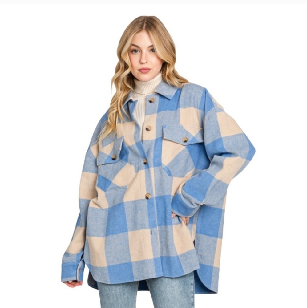 Women's blue oversized flannel shacket